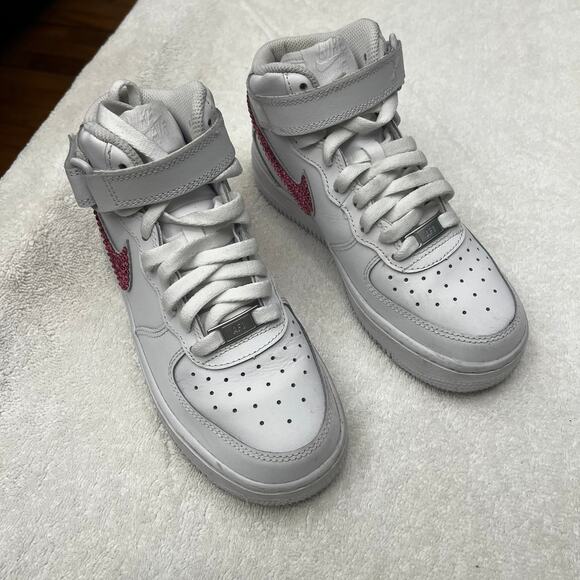 Nike Air Force 1 Mid LE Triple White (GS) sz 3.5Y Pink Swoosh Customized - Picture 9 of 14